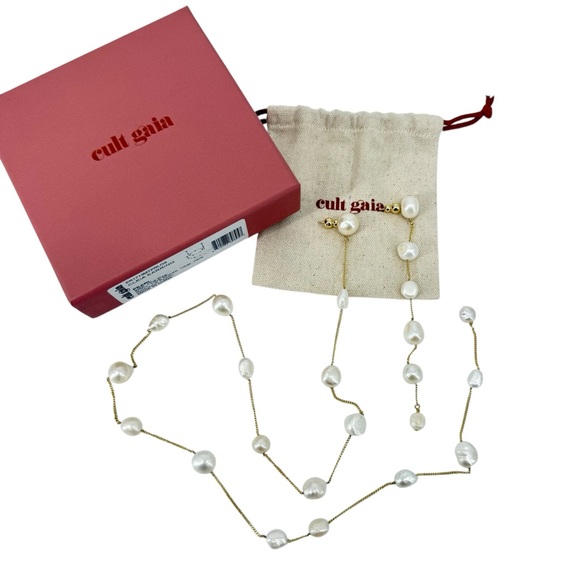 Cult Gaia Cleia Pearl Wrap Drop Earrings Gold Baroque Asymmetrical Long NWT - Picture 5 of 11